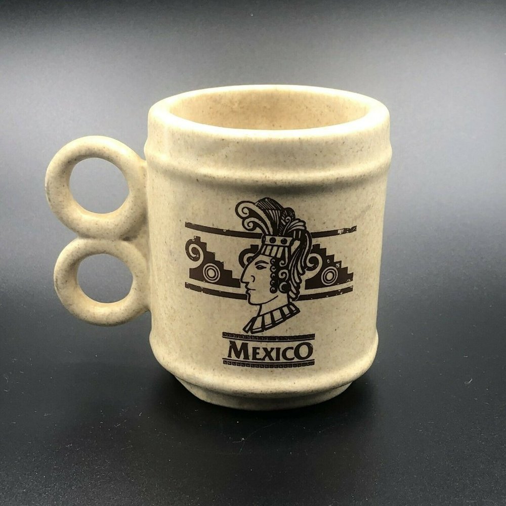 Vintage Mexico Mayan Stoneware Coffee Mug Double Ring Handle Cabeza De Palenque